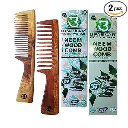 neem wood comb, neem wood comb combo, wide teeth wooden comb, fine teeth wooden comb, anti-frizz comb, natural hair care, wooden comb for scalp