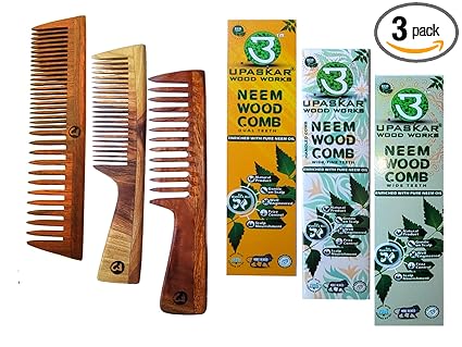 neem wood comb set, neem wood comb pack, wooden comb for hair, oil enriched wooden combs, hair growth comb, detangling comb, natural wooden comb