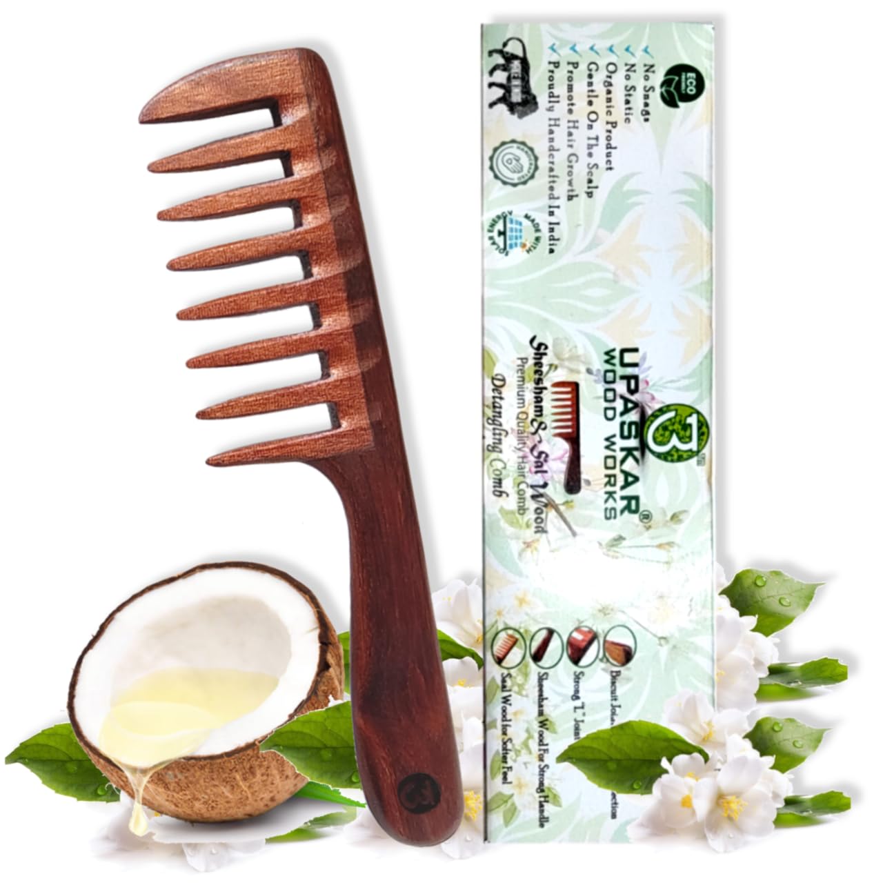 ultra wide wood comb, sheesham wood comb, saal wood teeth comb, jasmine oil comb, wide tooth wooden comb, eco-friendly comb