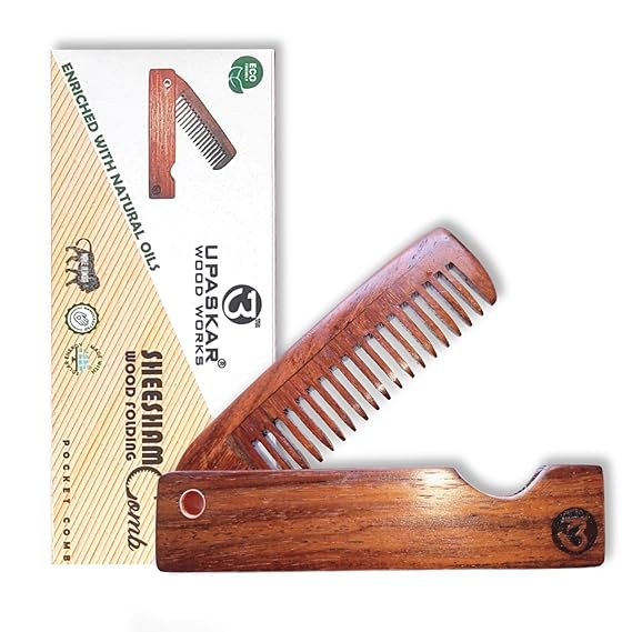 sheesham wood beard comb, folding beard comb, wooden beard comb, essential oil beard comb, travel beard comb, natural beard grooming, wooden moustache comb