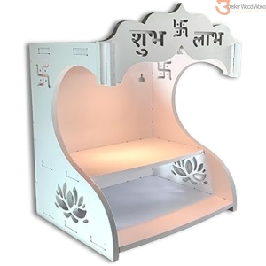 UPASKAR WOOD WORKS Mandir Temple for Home, Office and Shop,Size (H-18 inch, L-10 inch, W-12 inch) | LED spot Light | Wall Hanging | Free Standing | 6 feet Cable with Plug | 10mm Thick Board