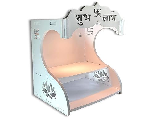 UPASKAR WOOD WORKS Mandir Temple for Home, Office and Shop,Size (H-18 inch, L-10 inch, W-12 inch) | LED spot Light | Wall Hanging | Free Standing | 6 feet Cable with Plug | 10mm Thick Board