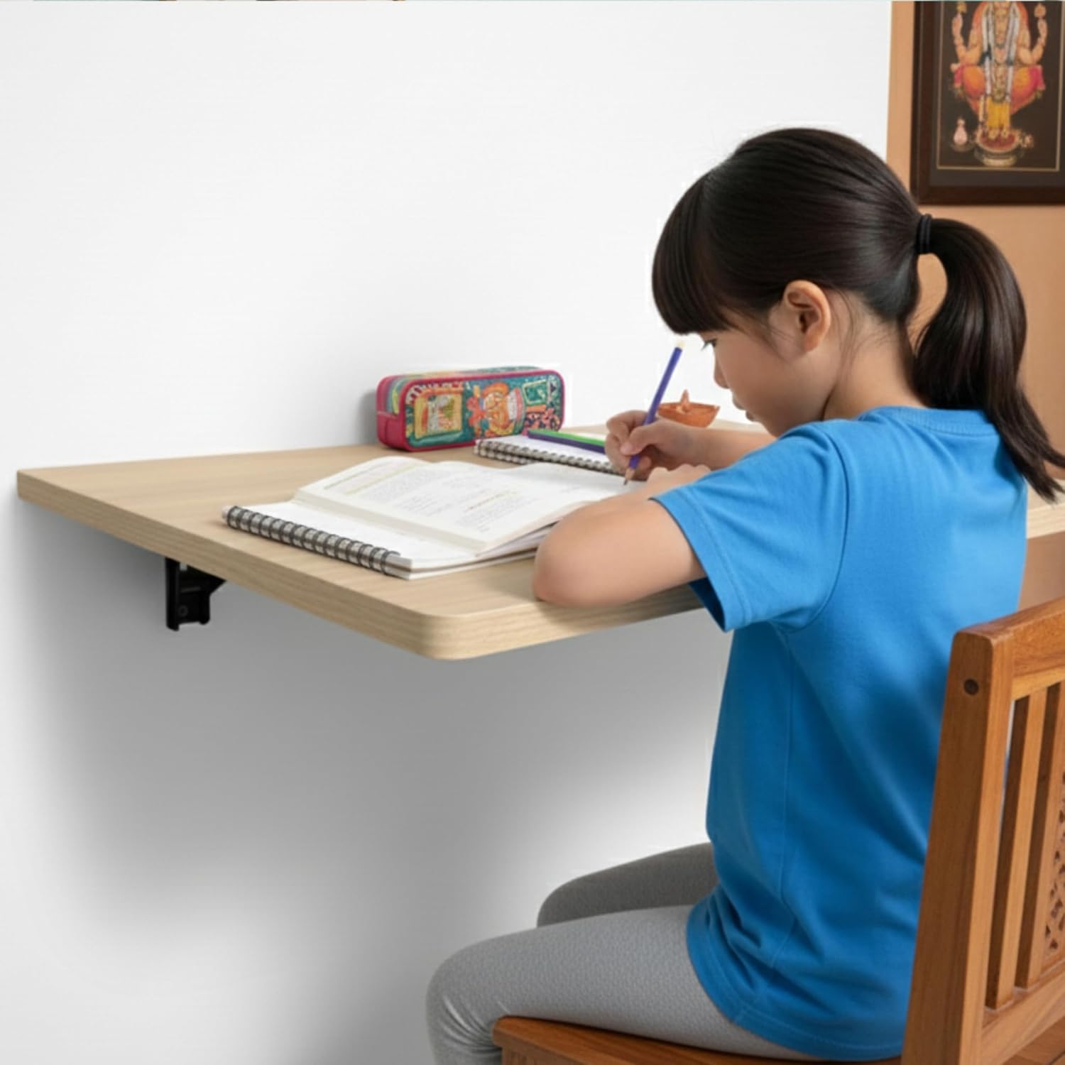 UPASKAR WOOD WORKS Folding Wall Mounted Study Table with Strong Locking Metal Brackets, Suitable for laptops, Studying, Sewing Machine and Kitchen appliances | 24 x 16 inches | Laminated Wooden Top
