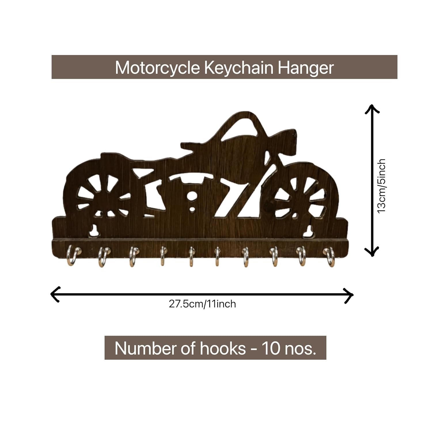 UPASKAR WOOD WORKS Key Holder for Home - Motorcycle Style, 10 Hooks, Wall Mountable, Oak Brown Engineered Wood - Image 4